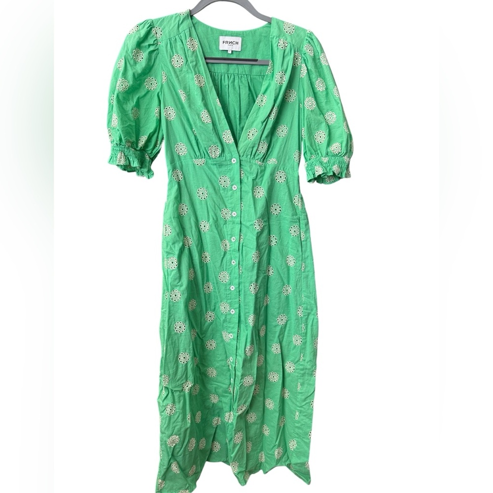 FRNCH Green Floral Eyelet Button-Front Midi Dress